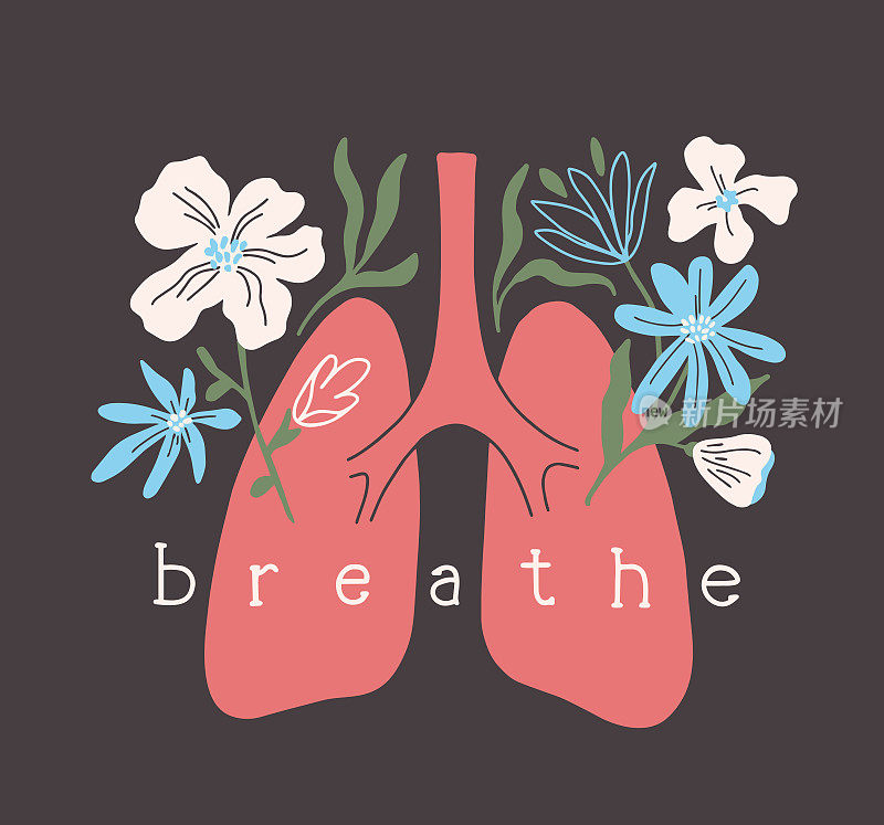 向量插图的人的肺与盛开的花朵和字母呼吸