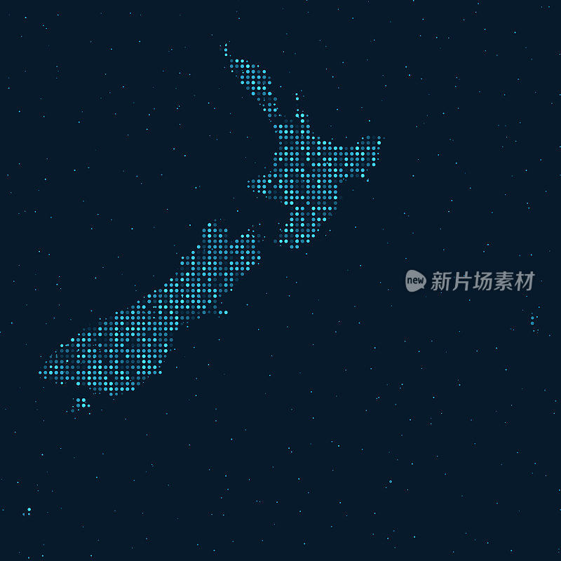 抽象点半色调与星形效果在深蓝色背景与新西兰地图。数字点式技术设计球体和结构。矢量图
