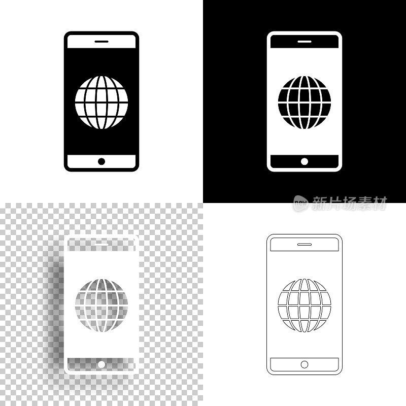 与全球智能手机。图标设计。空白，白色和黑色背景-线图标