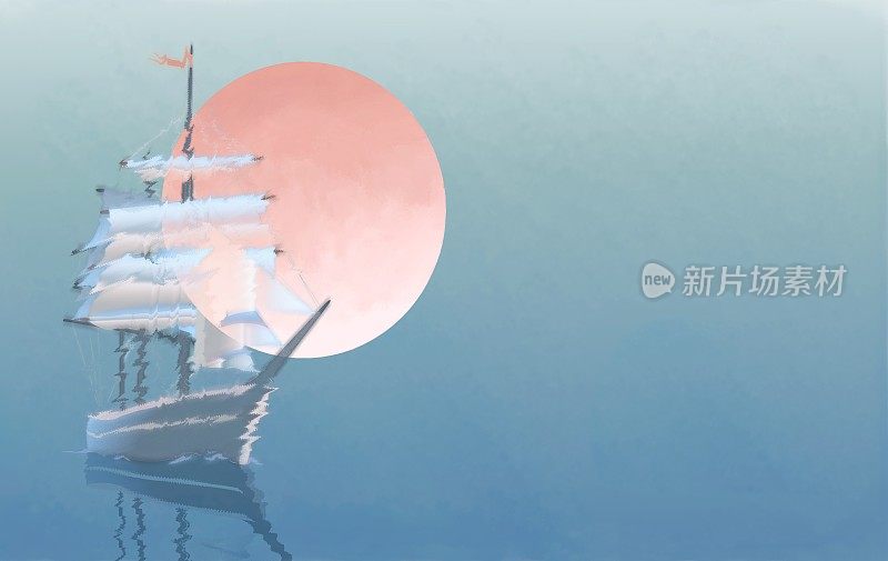 以月亮盘为背景的帆船，浪漫的风格