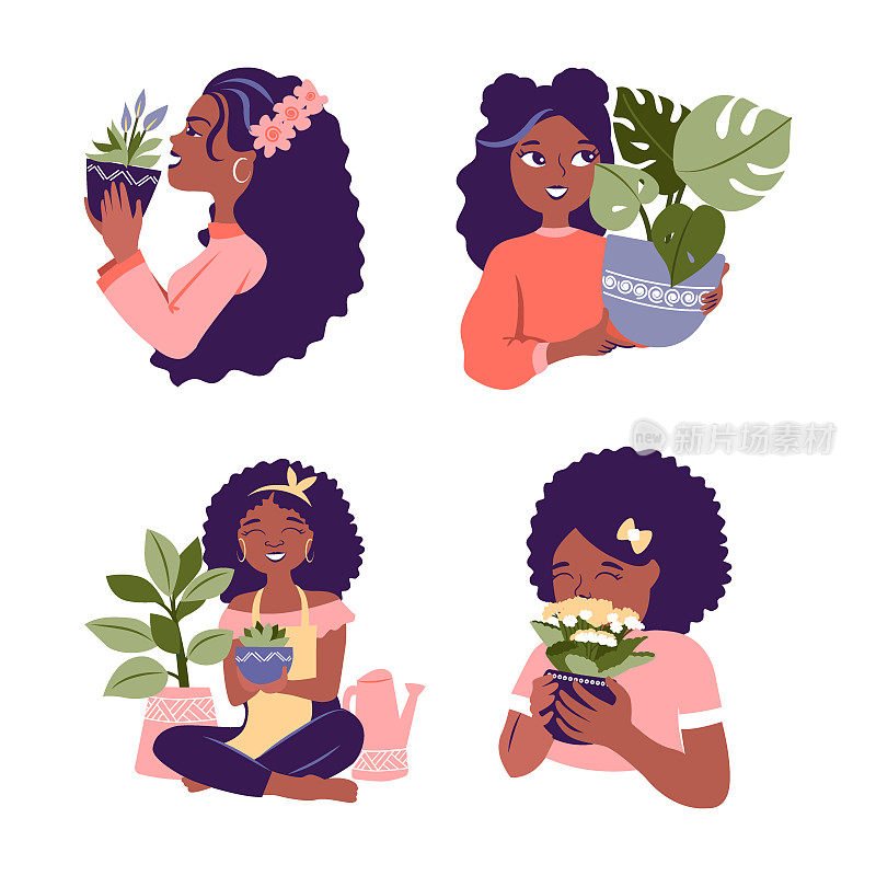一组卡通的非洲发型女孩。快乐的女人拥抱家里的花，照顾植物