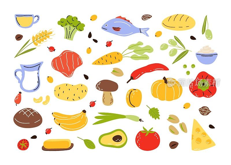 健康的食物。水果、蔬菜和坚果。卡通平面矢量插图孤立的白色背景。