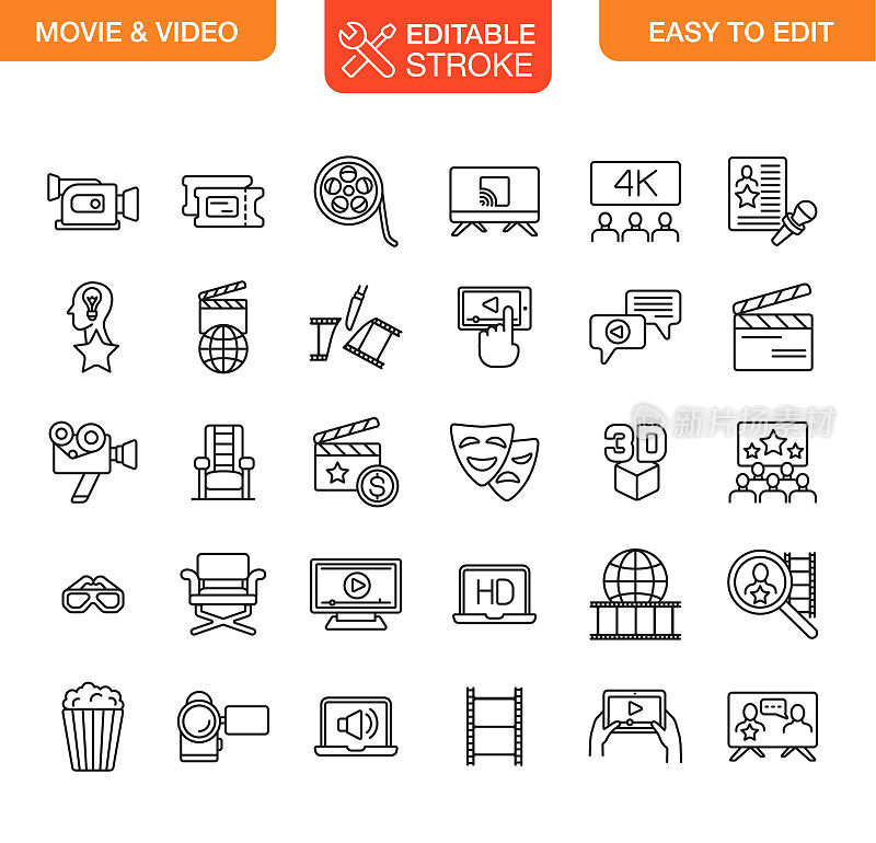 电影和视频图标设置可编辑Stroke