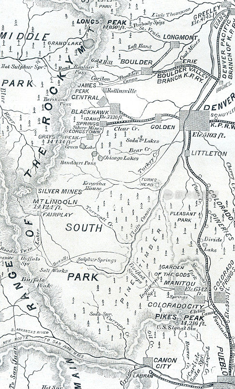 地图围绕丹佛在19世纪博尔德，科罗拉多州南部公园落基山脉