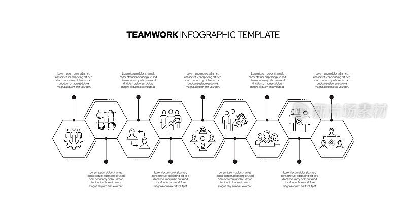 团队概念矢量线信息图形设计与图标。9选项或步骤的介绍，横幅，工作流程布局，流程图等。