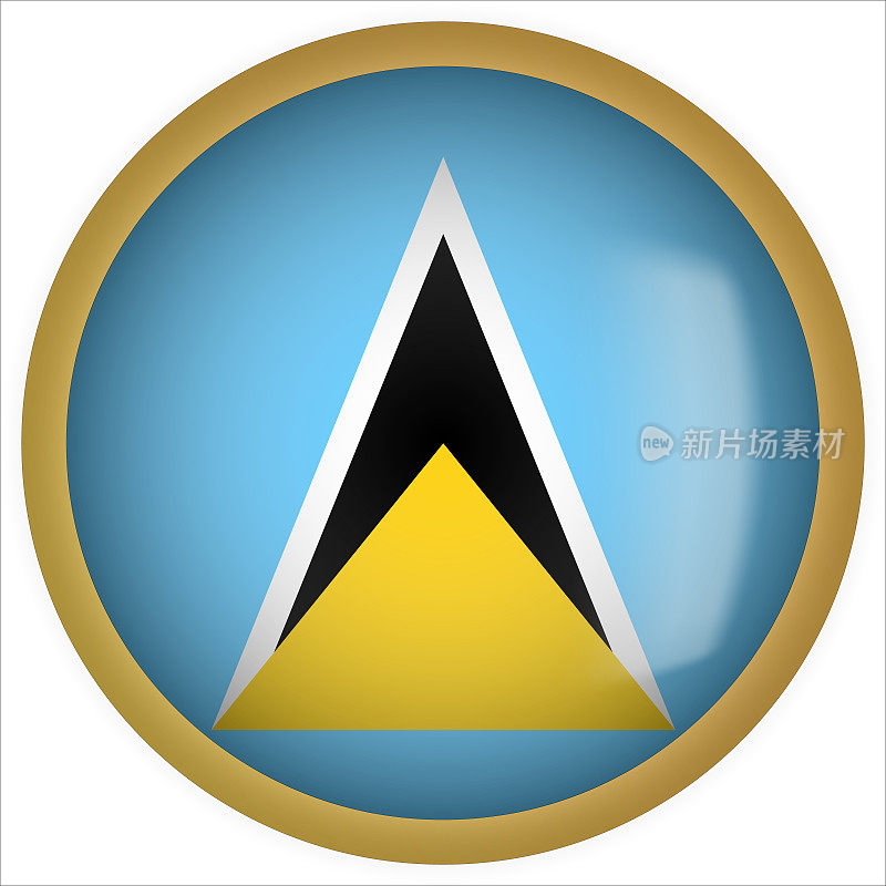 圣卢西亚3D圆形国旗按钮图标与黄金框架