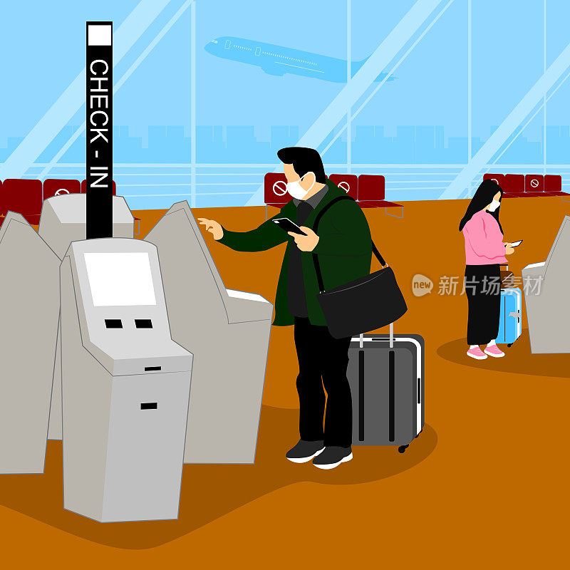 旅客由自动机器办理登机手续。