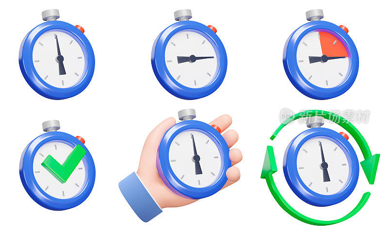 秒表图标集。秒表,各种用途。计时器，时间管理，计时。在透明背景上孤立的3d对象
