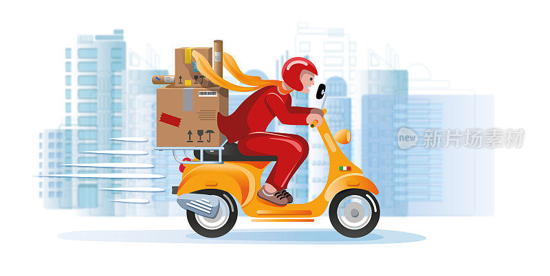 在现代城市，快递员骑着滑板车运送一大批邮包的平面设计插图
