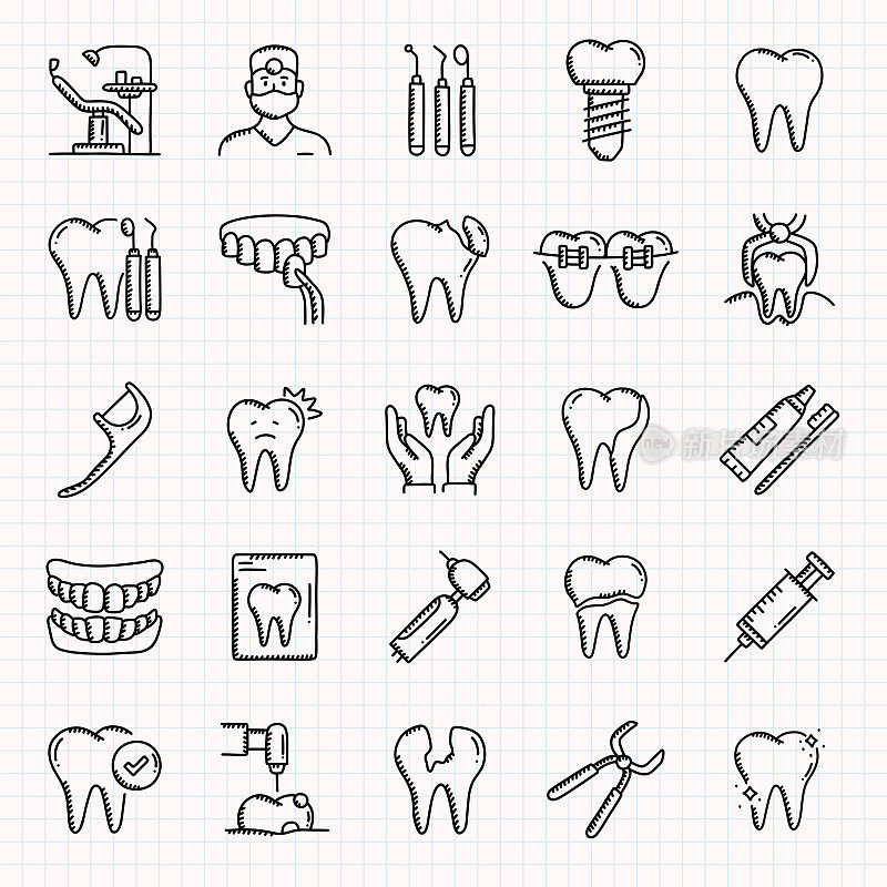 牙科相关的手绘图标集，涂鸦风格矢量插图