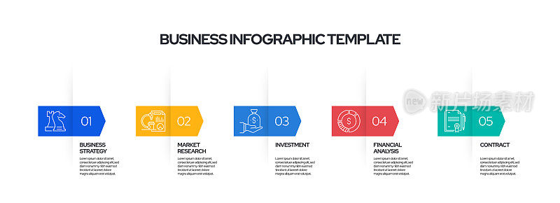 商业概念矢量线信息图形设计与图标。5选项或步骤的介绍，横幅，工作流程布局，流程图等。