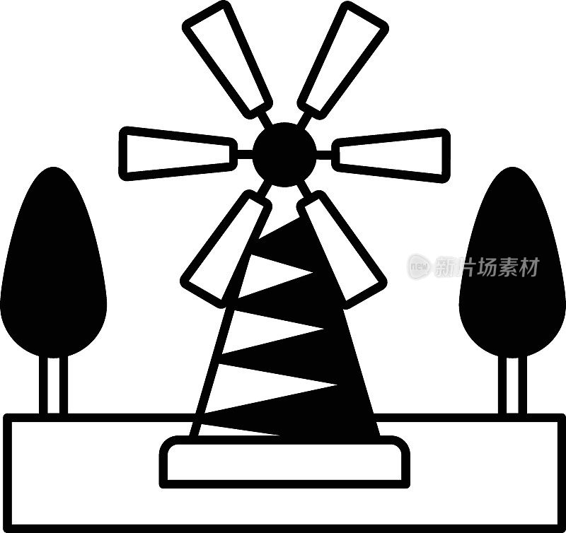 风力涡轮机与风扇叶片矢量图标设计，农业和农业符号，村庄生活标志，农村和牲畜插图，风能设施的草原概念
