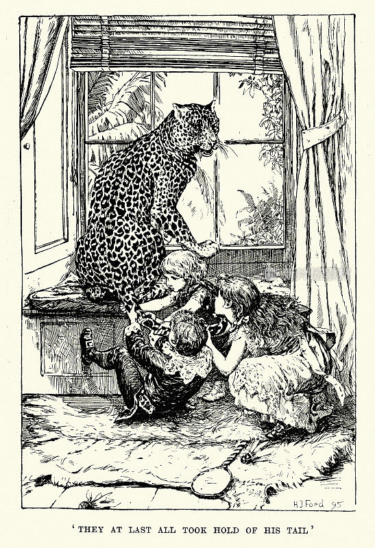 孩子们和一只驯服的宠物豹玩耍，拉着它的尾巴，维多利亚时代的艺术
