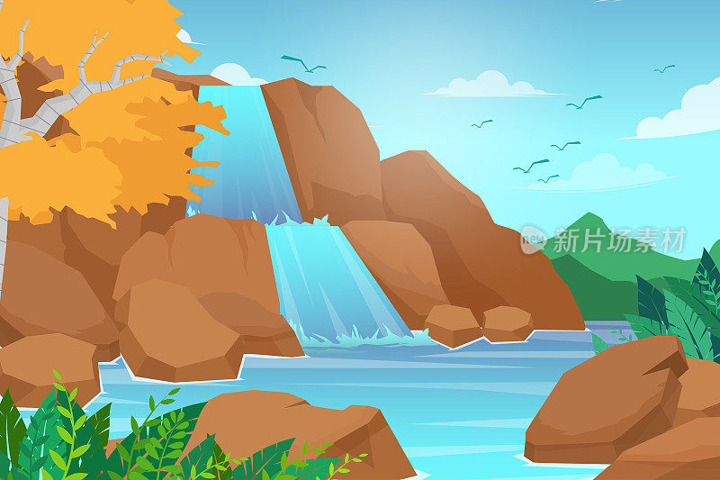 矢量插图卡通风格的瀑布在森林景观背景
