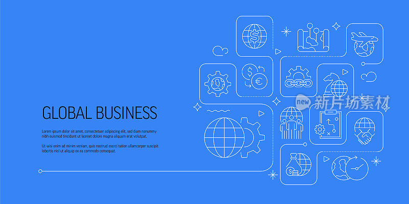 全球业务相关矢量横幅设计概念，现代线条风格与图标
