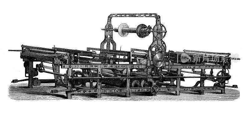古董插图，应用机械和机械，纺织工业:粘线机