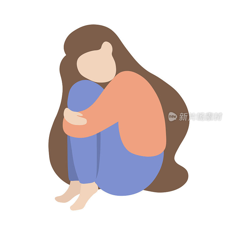 一个长头发的年轻女子坐着拥抱她的膝盖。自爱、自我照顾和身体积极性的概念。插图在卡通平面风格孤立在一个白色背景。印刷、商标、卡。