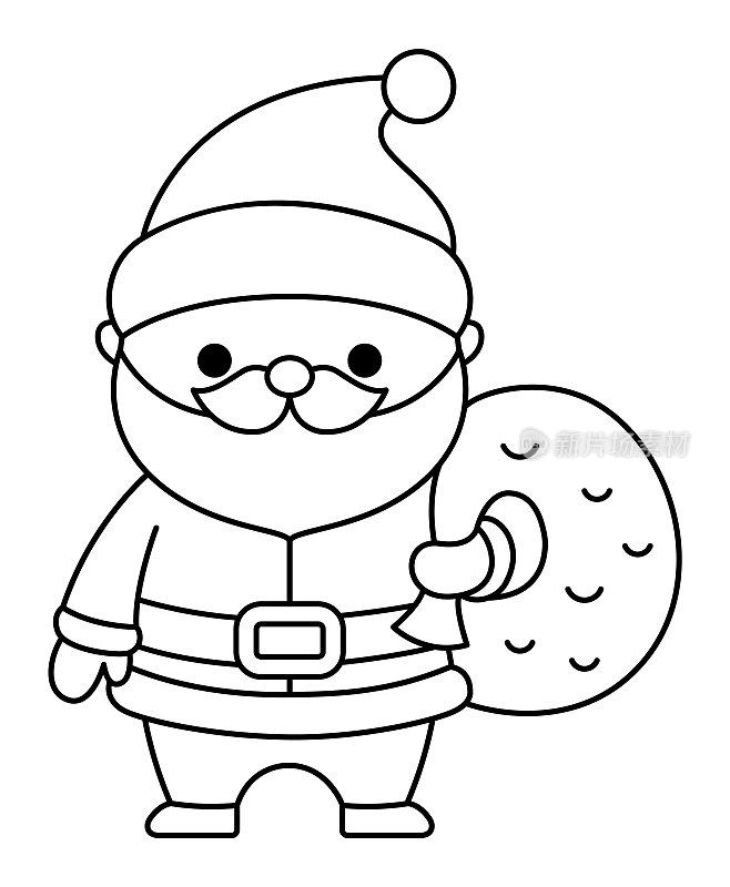 矢量黑白卡哇伊圣诞老人与麻袋。可爱的霜父插图孤立在白色。圣诞节，冬天或新年的字符包。有趣的线图标或着色页