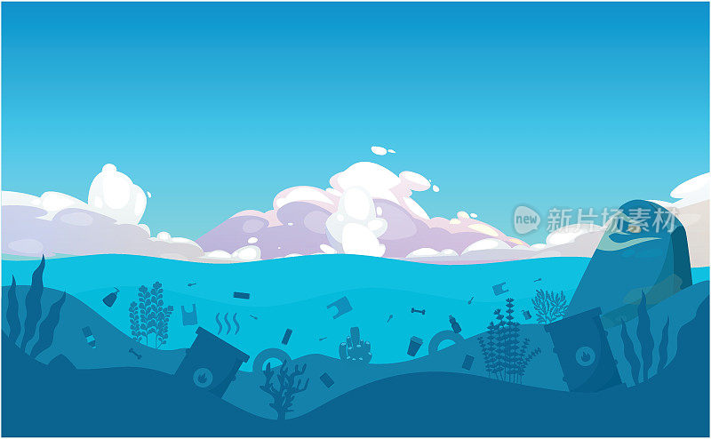 插图肮脏的水下表面与不同种类的垃圾，天空，大的云，动物群，珊瑚礁，海藻，藻类，植物。受污染的海面轮廓