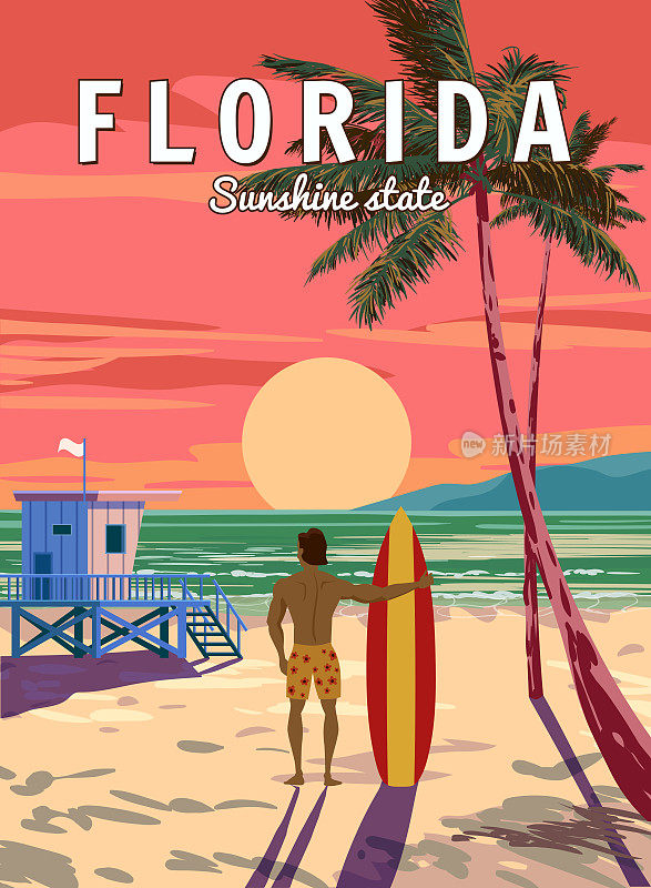 佛罗里达南海滩复古海报，冲浪板冲浪者。海滩，棕榈，海岸，冲浪，海洋上的救生员的房子。矢量图的