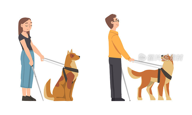 导盲犬与盲人男女作为训练辅助宠物和视眼向量集
