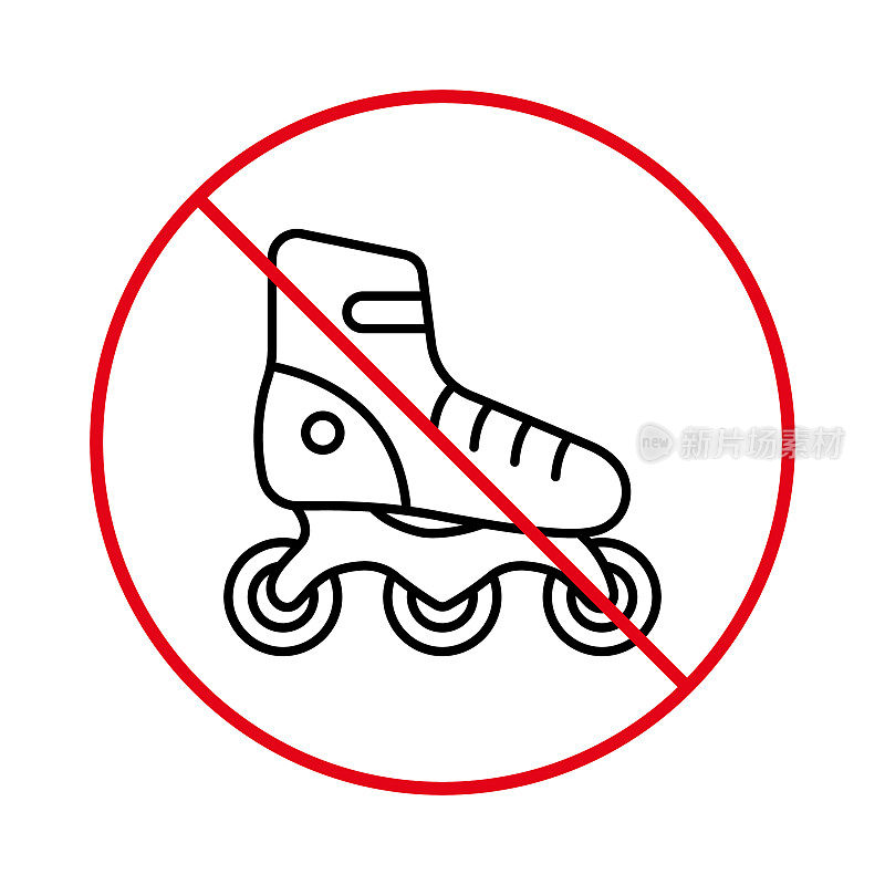 运动鞋红色停止圈标志。禁止轮滑黑线图标。禁止滑冰标志。禁止滚动区。禁止轮滑轮廓象形图。孤立的矢量图