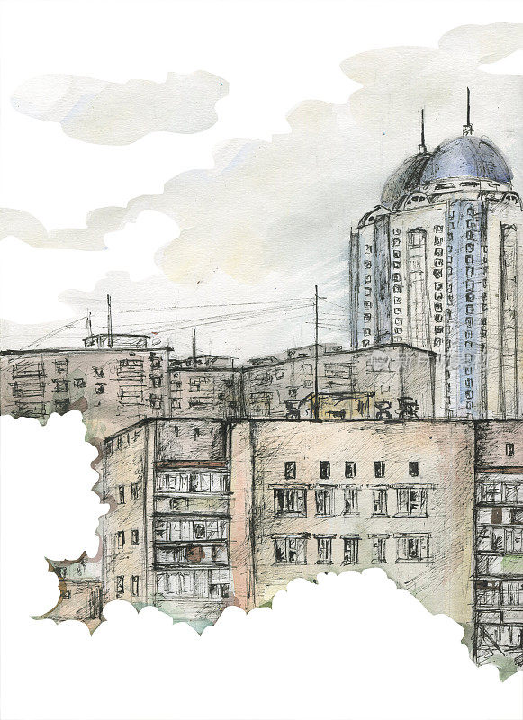 1980年代的架构。城市贫民窟。高层建筑。现代的废墟。黑色钢笔和水彩插图。