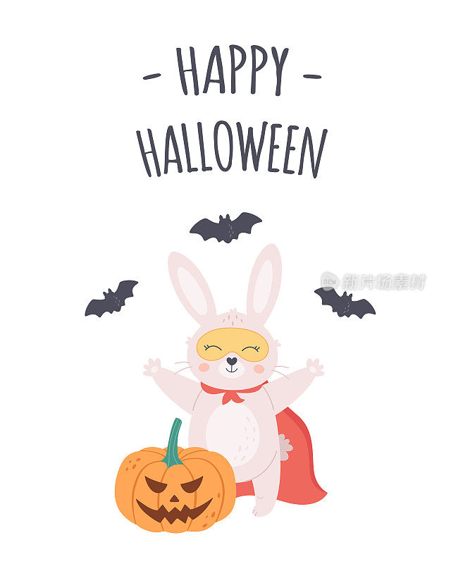 可爱的小白兔穿着万圣节服装，还有南瓜和蝙蝠。万圣节贺卡快乐。手绘矢量插图