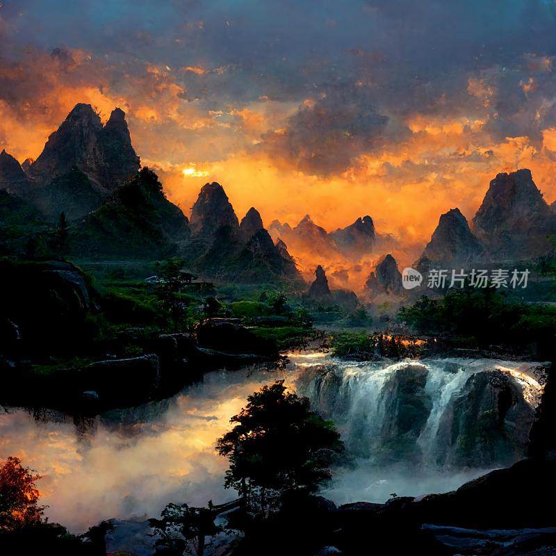 梦幻的中国景观，瀑布和山脉