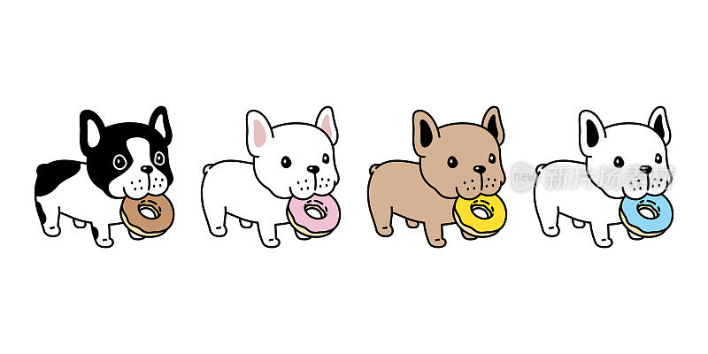 狗向量法国斗牛犬图标甜甜圈骨头小狗吃食物字符卡通宠物符号孤立的纹身邮票夹艺术插图设计