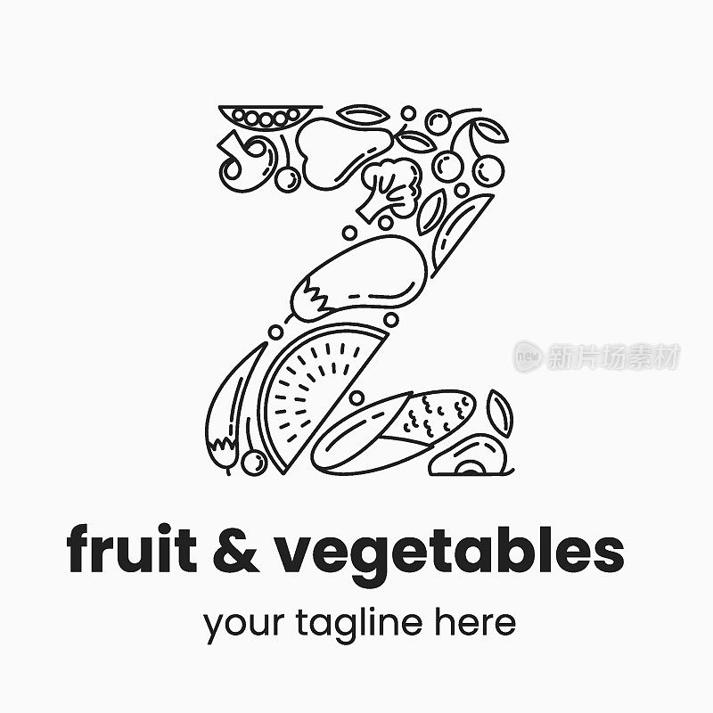 字母Z由水果和蔬菜组成。有机食品标志概念。