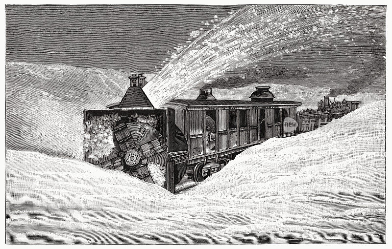 美国铁路蒸汽吹雪机，木版画，出版于1885年