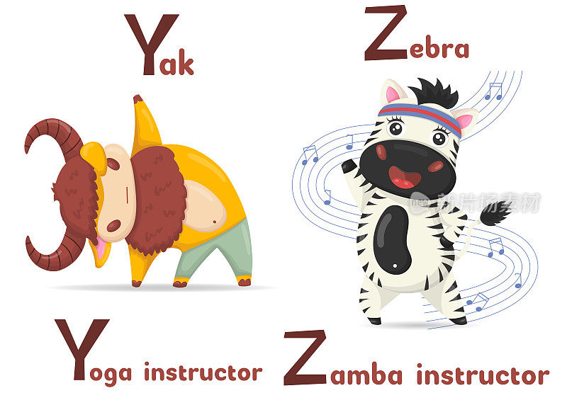 拉丁字母ABC动物职业以字母y开头yak瑜伽教练和字母z斑马zamba教练卡通风格。