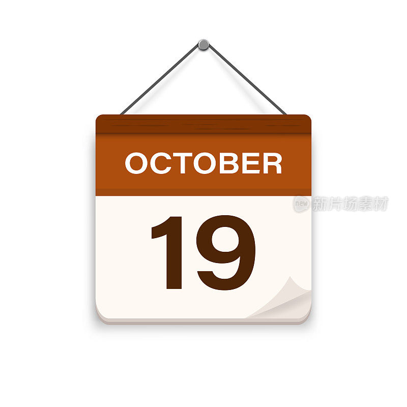 10月19日，日历图标与阴影。日、月。会议预约时间。事件时间表日期。平面向量插图。