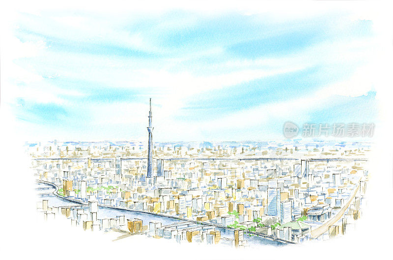 风景水彩素描与东京天空树的观点在日本