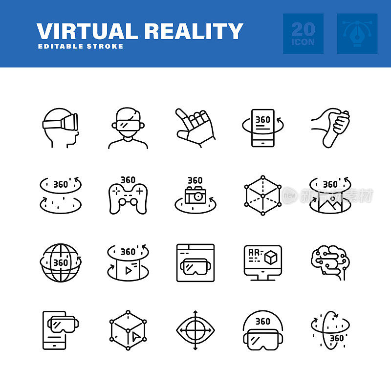 虚拟现实线路图标集。可编辑的中风。像素完美。