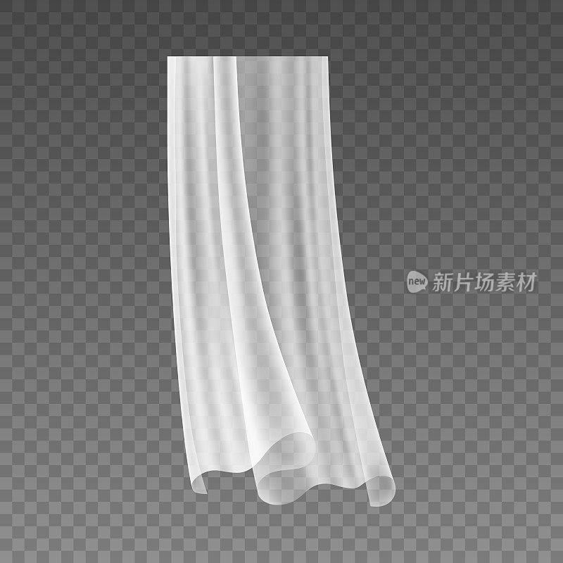 用于家居室内设计的窗帘，独立的纯纱或薄纱。被风吹起的白色薄织物或网。矢量在现实风格，透明的背景
