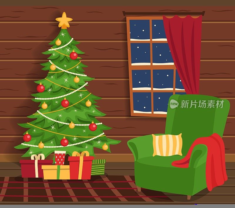 圣诞节的内部。客厅有圣诞树和扶手椅。舒适的气氛。