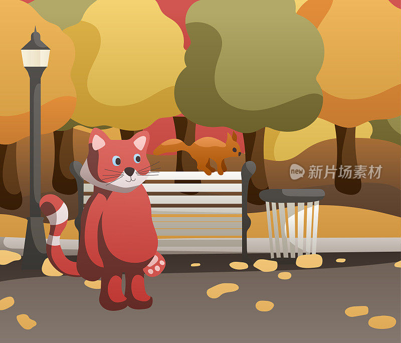 秋天公园的插图。小熊猫在长凳上遇见了松鼠。五颜六色的树有红的、绿的、黄的和橙的颜色，落叶落在地上。准备在您的设计中使用eps