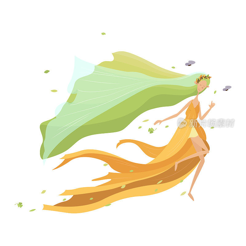 神话般的森林女巫玛夫卡。森林之灵。春姑娘赤脚跑过树林。美丽的长裙在风中飘动。长长的绿色头发，透明的面纱。年轻的女人。蝴蝶