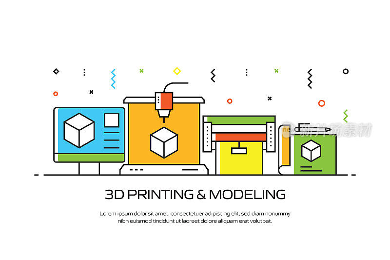 3D打印和建模相关的线风格横幅设计的网页，标题，小册子，年度报告和书籍封面