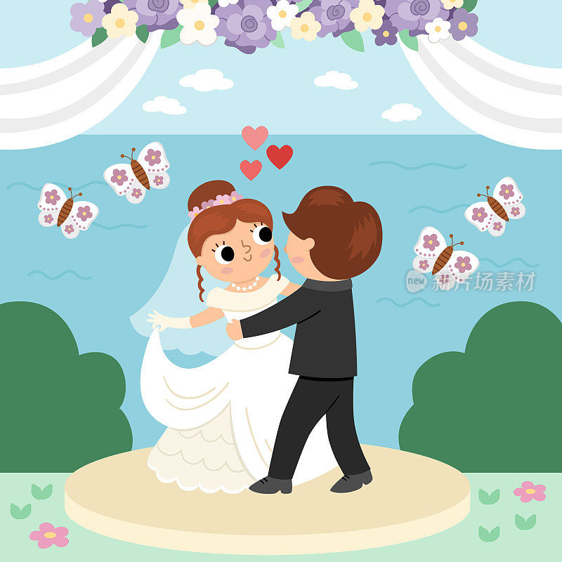 向量婚礼现场与可爱的新婚夫妇。新郎新娘的婚礼风景。丈夫和妻子与花和蝴蝶跳着他们的第一支舞