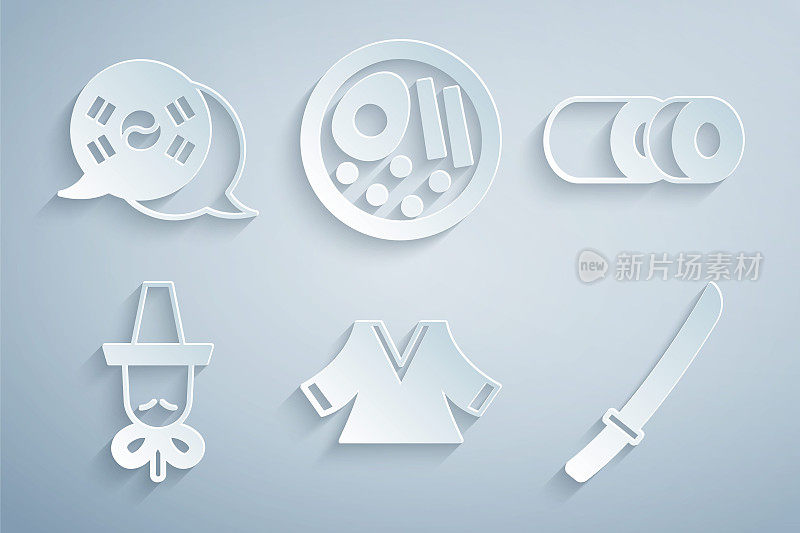 集和服，寿司，韩帽，武士刀，拉面和韩国国旗图标。向量