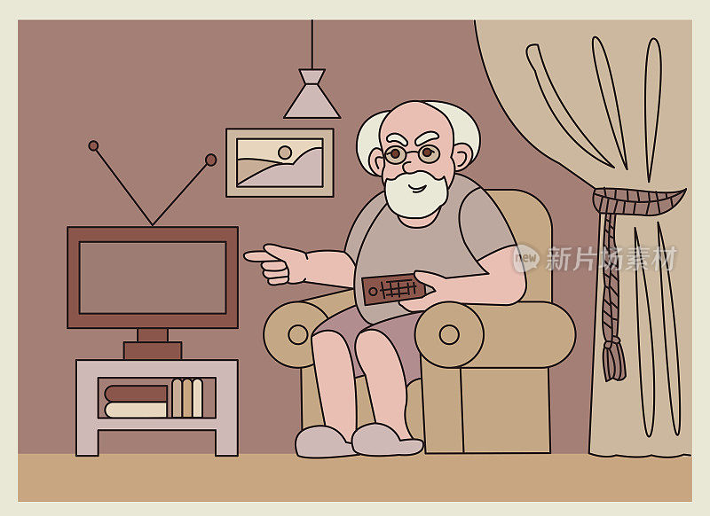 老人在家里看电视。