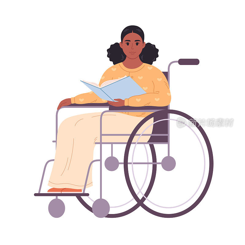黑人妇女坐在轮椅上拿着书。阅读，文学，教学。老师，图书管理员，女商人。平面风格的矢量插图