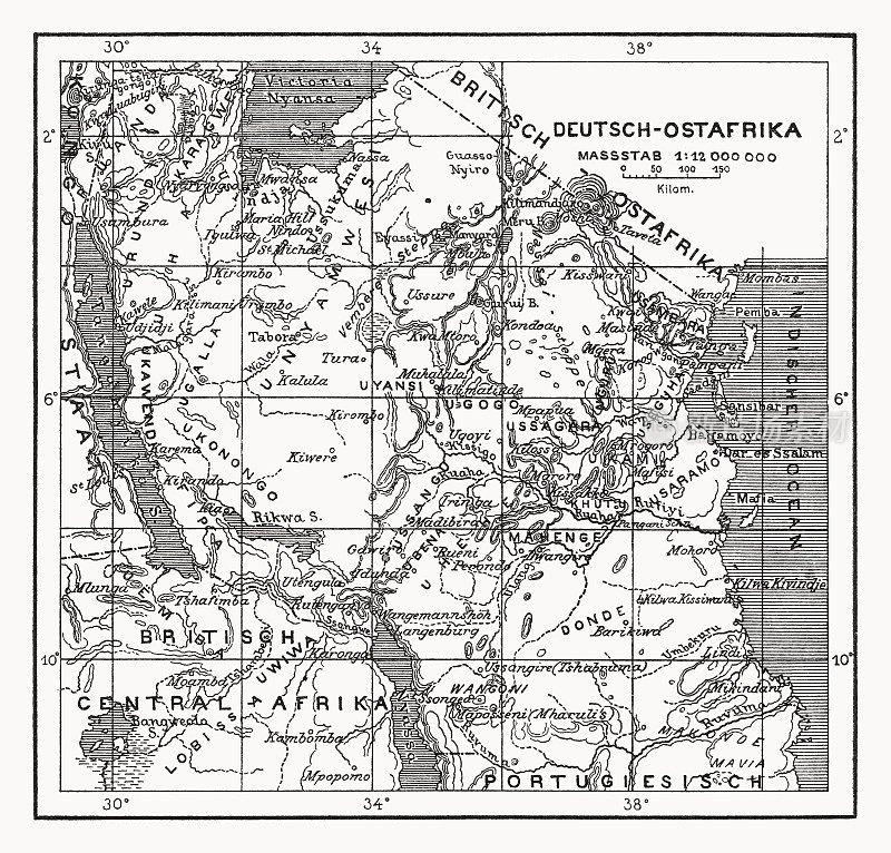 德属东非历史地图，木刻，1899年出版