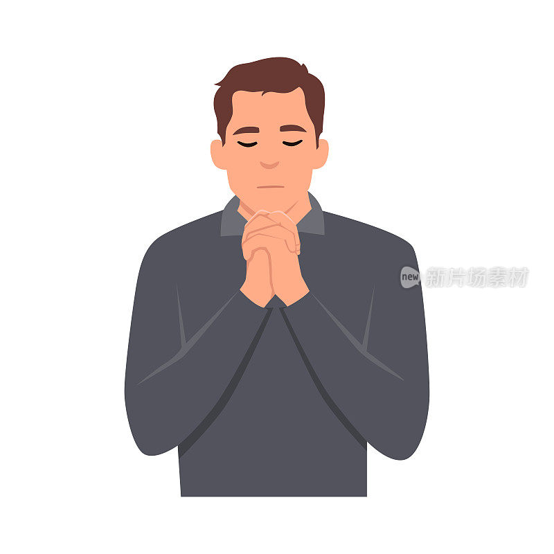 年轻人手拉手祈祷，做礼拜，有宗教观念。平面矢量插图孤立在白色背景上
