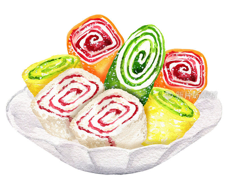 水彩组拉哈特鲁库姆在一个碟子，东方糖果，传统的土耳其糖果插图，不同的洛克姆与椰子，手绘素描