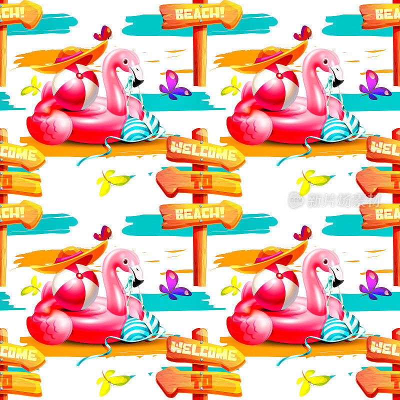 卡通风格的海滩度假概念。充气粉红色火烈鸟与比基尼，球和帽子和旧木制方向标志。创意夏日无缝图案。