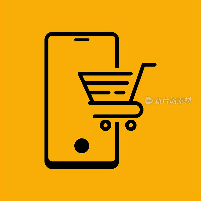 黄色背景的网上购物智能手机图标。